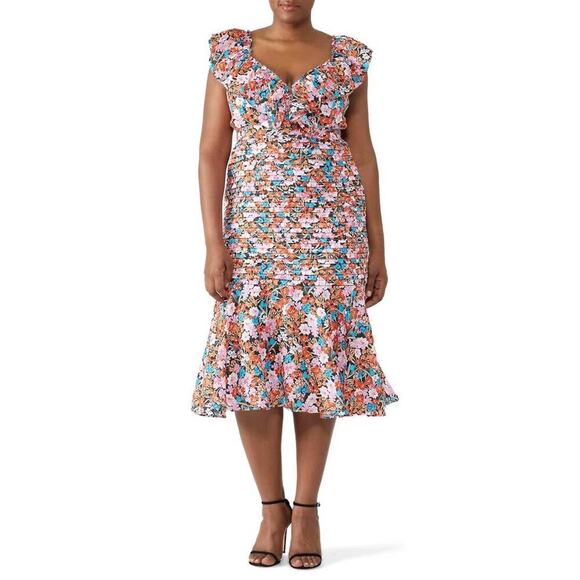 La Maison Talulah Women’s XL Cloud Nine Multi Floral Ruffle Midi Dress - Picture 1 of 9